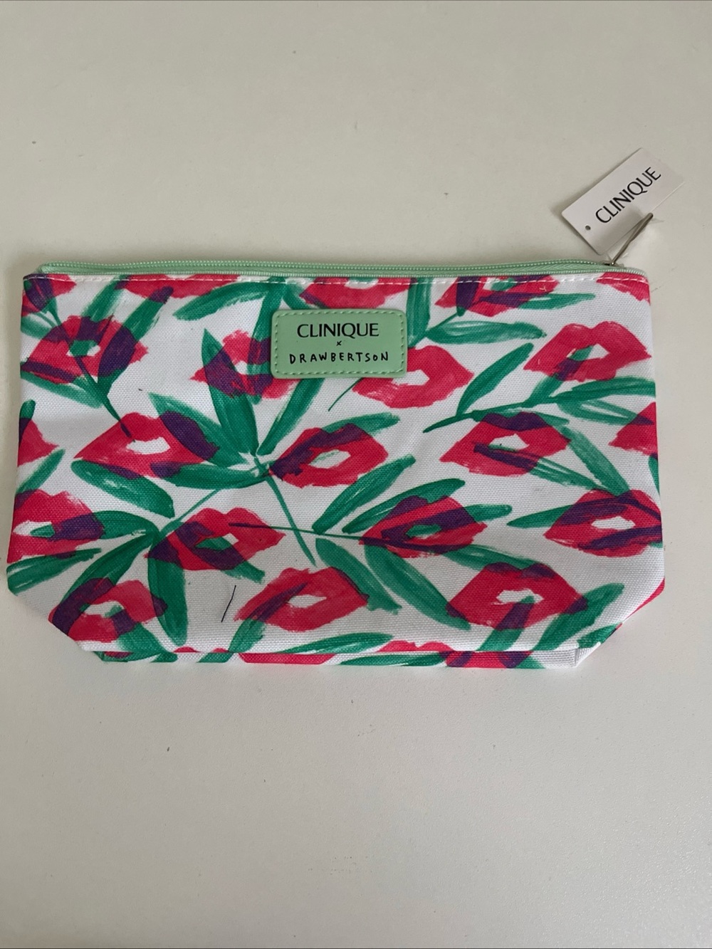 Clinique x Drawbertson Vibrant Green & Lips Makeup/Toiletries Bag New. BAG ONLY